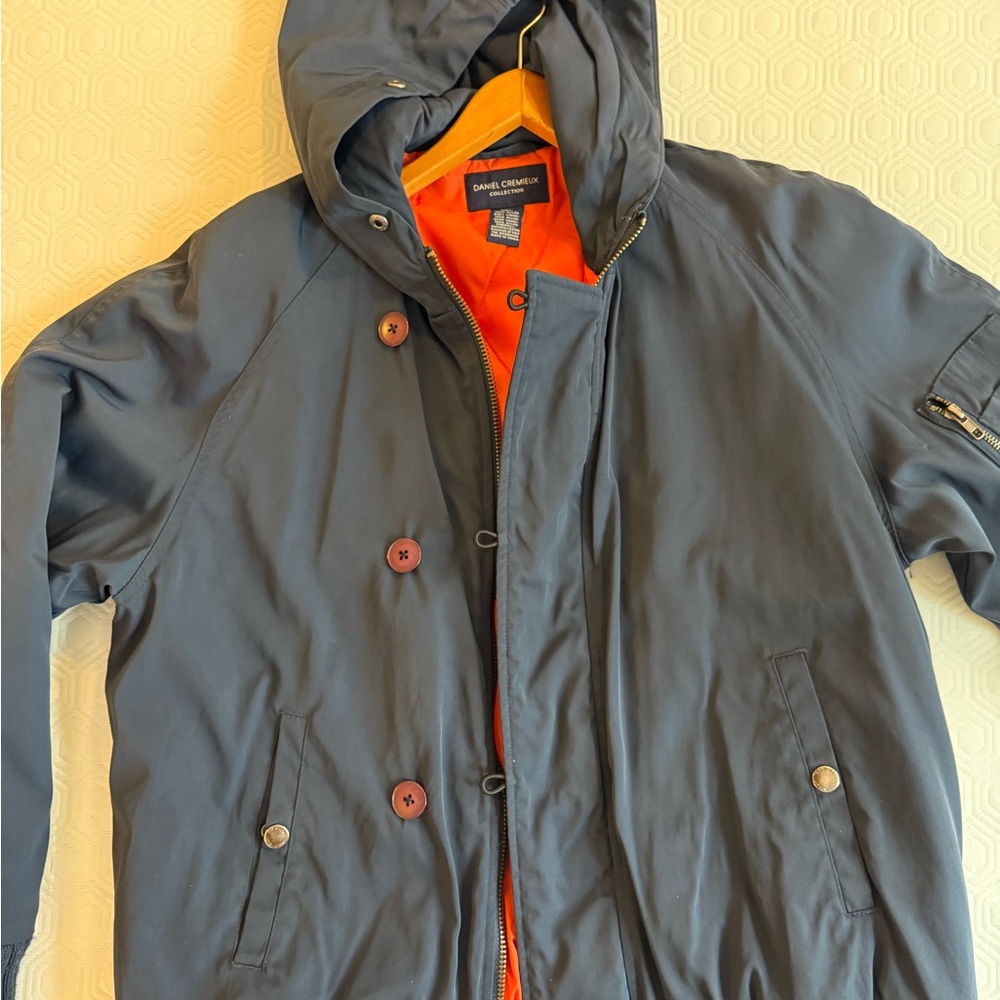 Daniel Cremieux French Designer Blue Jacket with Hood and Bright Orange Lining
